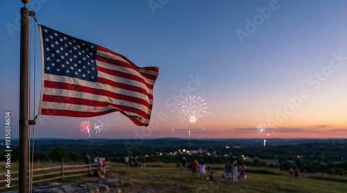 Fireworks Celebration over Waving US Flag and Countryside Horizon
