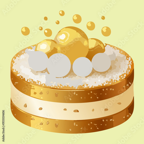 Round layered cake with white cream and gold pearls for sophisticated birthday and elegant party dessert menu - Vector Illustration
