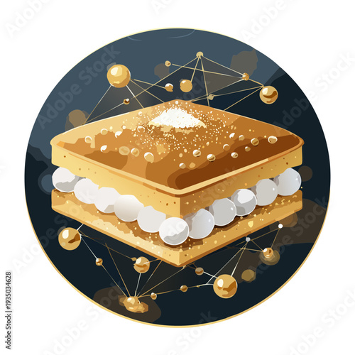Modern square appetizer with white layers and gold decoration for upscale catering and sophisticated party snacks platter - Vector Illustration