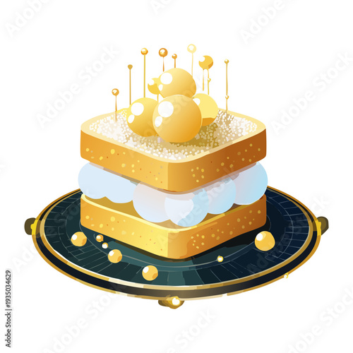 Small square cake on a blue plate with white cream and gold pearls for gourmet dessert menu - Vector Illustration
