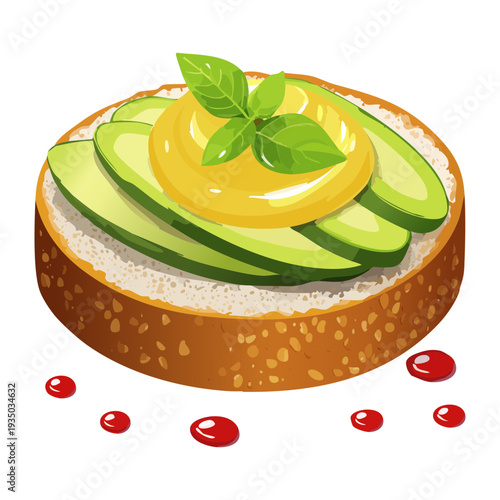 Round toast with green avocado slices and yellow herb for healthy gourmet breakfast and vegetarian appetizer menu - Vector Illustration