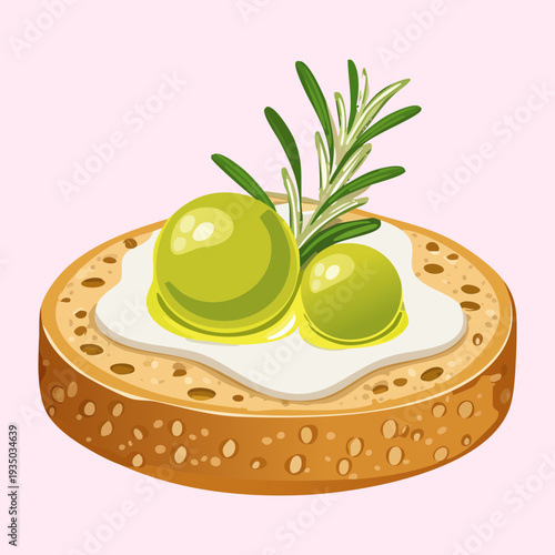 Round bruschetta with white cheese green grapes and rosemary for elegant gourmet appetizer and healthy snack platter - Vector Illustration
