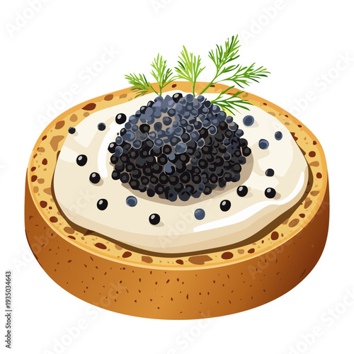 Sophisticated round appetizer with black caviar and green herb garnish for elegant party and seafood snack platter - Vector Illustration