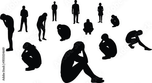 Collection of People Silhouettes Feeling Sad and Depressed, Lonely Man and Woman Sitting Crouching in Grief, Mental Health Awareness Vector