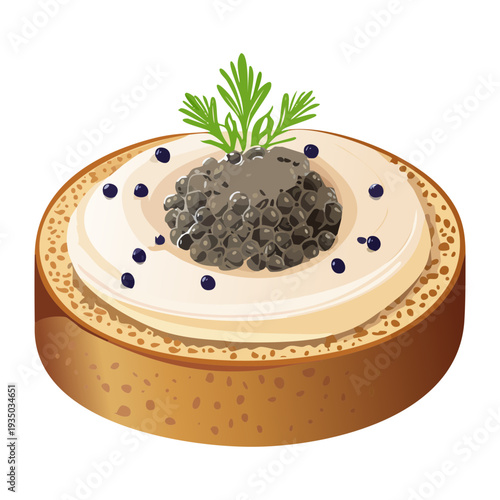 Gourmet round tartlet with premium black caviar and green dill for luxury seafood appetizer and upscale catering - Vector Illustration