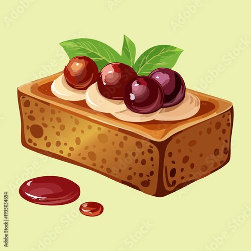 Square cake with chocolate topping and fresh red cherries for delicious fruit dessert and gourmet bakery shop - Vector Illustration