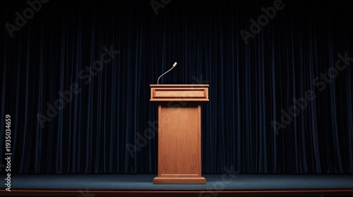 lectern. A wooden lectern with a microphone against a dark velvet curtain. event programs, museum guides, designed for cultural heritage projects and event programs, elevates cultural identity.