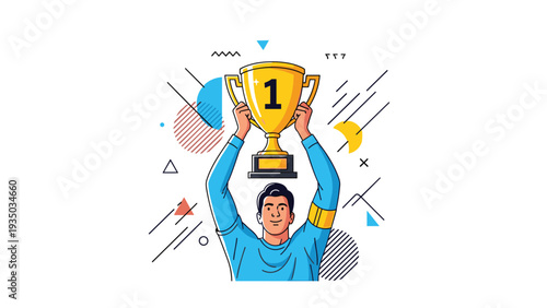 Proud man holding a gold first place trophy high in the air surrounded by colorful abstract geometric shapes and lines.