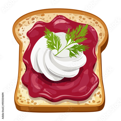 Traditional bread toast with red fruit jam and whipped cream for delicious morning breakfast and snack ideas - Vector Illustration