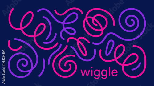 Abstract pink and purple swirl doodle on a dark blue background with the word wiggle