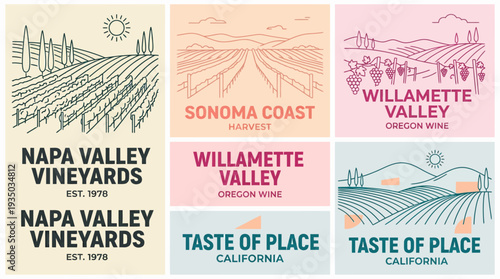 Collage of illustrated wine region postcards highlighting Napa Valley, Sonoma Coast, Willamette Valley, and Taste of Place California