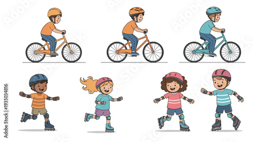 Group of children active in outdoor sports wearing protective gear while riding bicycles and using roller skates.