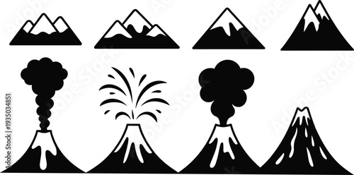 Collection of Mountain and Erupting Volcano Silhouettes, Snowy Peak Summits and Magma Ash Cloud Shapes, Geological Nature Landscape Vector Design Elements
