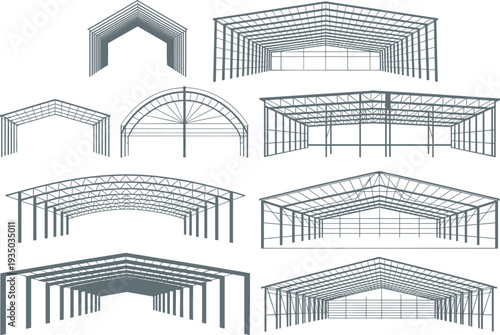 Collection of steel frame industrial warehouse structures, metal building construction blueprints, architectural sketches for agricultural sheds, hangars, and prefab storage facilities.