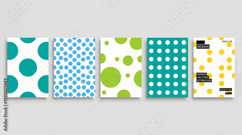 Five abstract geometric pattern designs in teal, blue, green, and yellow for modern UI backgrounds, wallpapers, and digital design mockups.