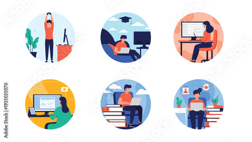 Diverse set of circular icons showing people working from home, studying online with laptops, and doing morning exercises for wellness.