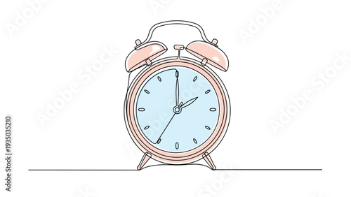Colorful line drawing of a classic alarm clock with pink bells and a light blue face representing a peaceful and punctual morning.