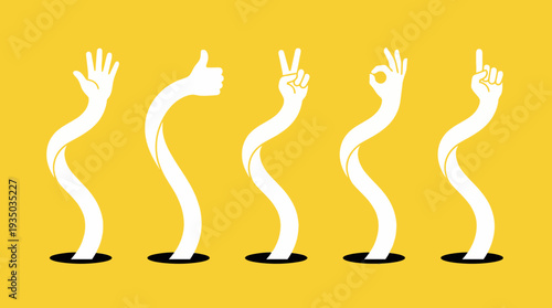 Abstract dancing white figures with raised arms on a bright yellow background, a playful modern art illustration.