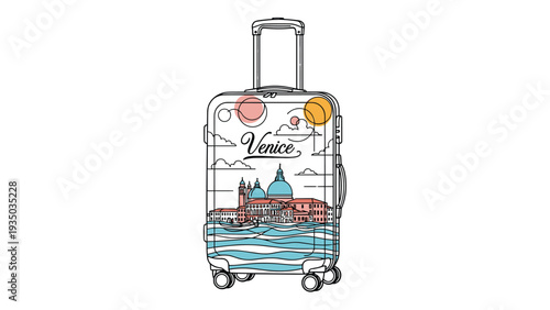 Travel suitcase featuring a beautiful graphic design of venice with its iconic canal and historic architecture as a vacation souvenir.