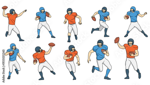 Professional american football players in various action poses like throwing, running, and catching for sports and competition related designs.