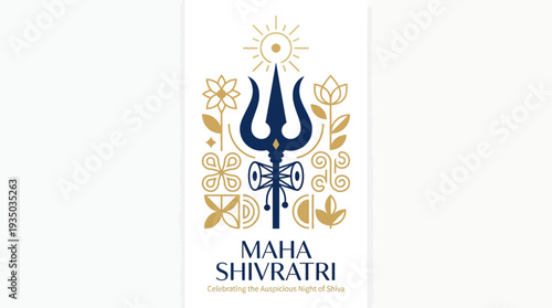 Maha Shivratri festival poster featuring a blue trishula with sun motif and ornate gold floral border.