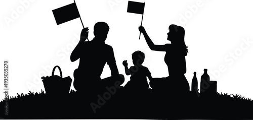 Family picnic silhouettes sitting on grass with flags, patriotic outdoor celebration artwork, festive gathering design, holiday illustration, bonding nature concept