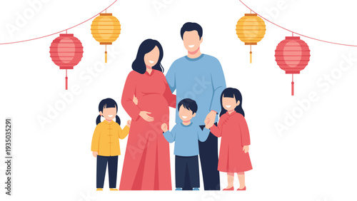 Happy asian family with a pregnant mother and three children celebrating under red and yellow chinese lanterns in a festive atmosphere.