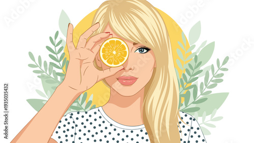 Playful blonde woman holding a slice of orange over one eye with green leaves and a bright sun in a cheerful summer and health concept.