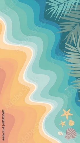 Vertical stylized aerial view of a tropical beach with palm fronds