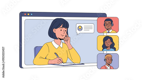 Young woman participating in a video conference with colleagues shown on a laptop screen for themes of remote work and digital communication.