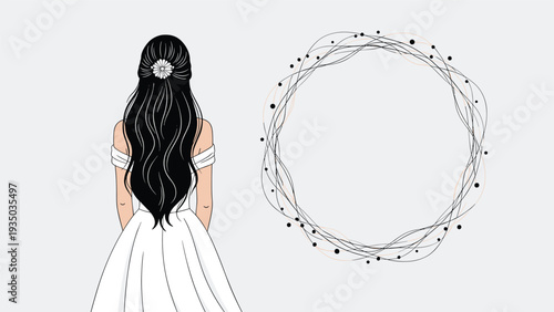 Back view of a bride with long wavy dark hair in a wedding gown next to an empty decorative circular frame for custom text or photos.