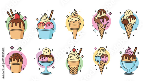 Various delicious ice cream options in colorful cones and bowls with toppings like chocolate, strawberry, and cherries for a sweet dessert theme.
