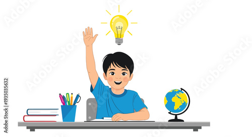 Young schoolboy raises his hand with a bright glowing light bulb appearing above his head to signify a creative idea or successful problem solving.