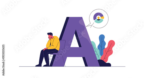Pensive man sits beside a giant letter A while a thought bubble with abstract shapes above him represents the process of brainstorming new concepts.