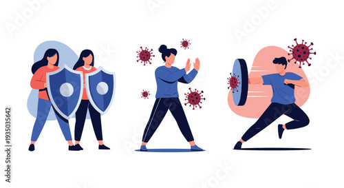 Protective health concept illustrations show people using shields and defensive gestures to block virus particles, representing immunity and safety.