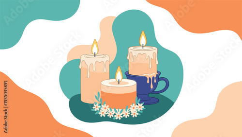 Three lit candles with melting wax and floral decoration against a colorful abstract background for a cozy and relaxing atmosphere.