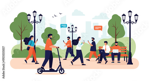 Busy urban park scene depicts people walking, using an electric scooter, and working on laptops while enjoying a sunny day outdoors in the city.