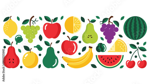 Comprehensive collection of various fruits including apples, grapes, bananas, and watermelon slices arranged in a vibrant flat design pattern.