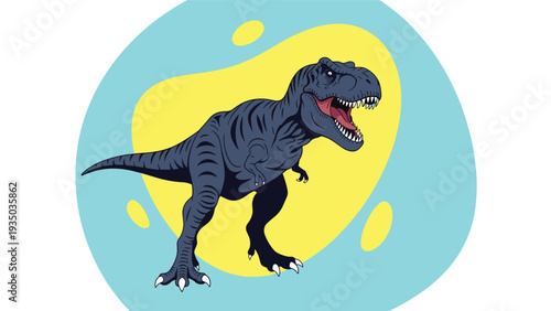 Ferocious tyrannosaurus rex dinosaur standing in a dynamic pose against a yellow and teal abstract circular background with a wide open mouth.