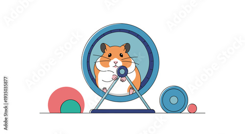 Adorable hamster exercises inside a blue plastic running wheel on a white background with colorful geometric spheres placed around its habitat area.