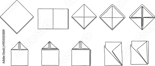 Paper folding origami steps vector set with envelope fold diagram line art illustration