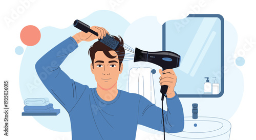 Modern man styles his hair using a professional hairdryer and a round brush while standing in a clean bathroom with a mirror and grooming products.