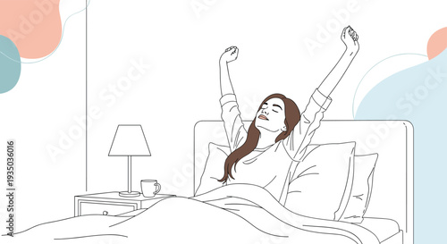 Refreshing morning routine shows a woman waking up in bed and stretching her arms with a smile as natural light fills the room through the window.