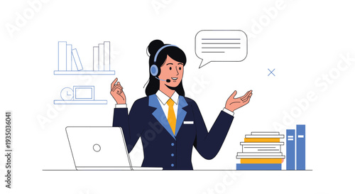 Friendly female customer service agent wears a headset while working at her desk with a laptop and stacks of books in a clean professional office.