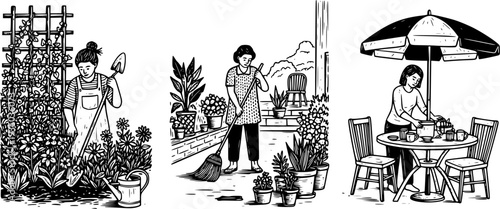 Black silhouettes set of people gardening, men and women planting, sweeping, and watering plants in the backyard vector illustration.