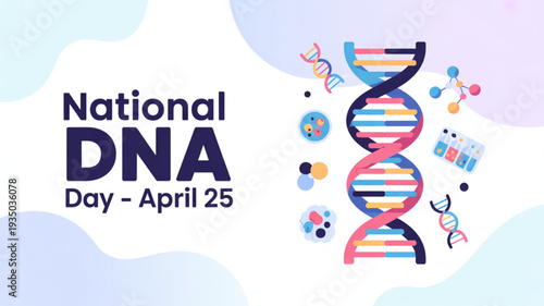 Dna double helix structure with colorful strands and molecules on national dna day april 25 background