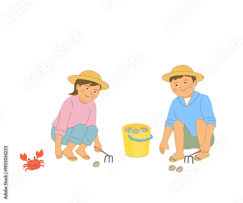 貝掘りをする子供たち