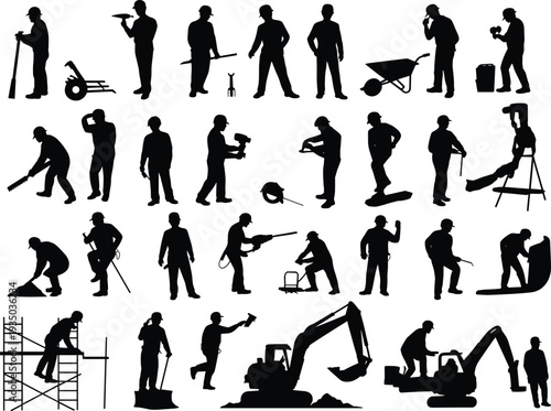 Construction workers silhouettes set builders with tools machinery and equipment industrial labor vector illustration isolated on white