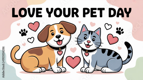 Cute cartoon dog and cat on love your pet day with hearts and paw prints