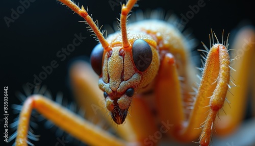 Extreme Close Up Macro Shot of an Orange Insect with Detailed Eyes and Antennae on a Dark Background